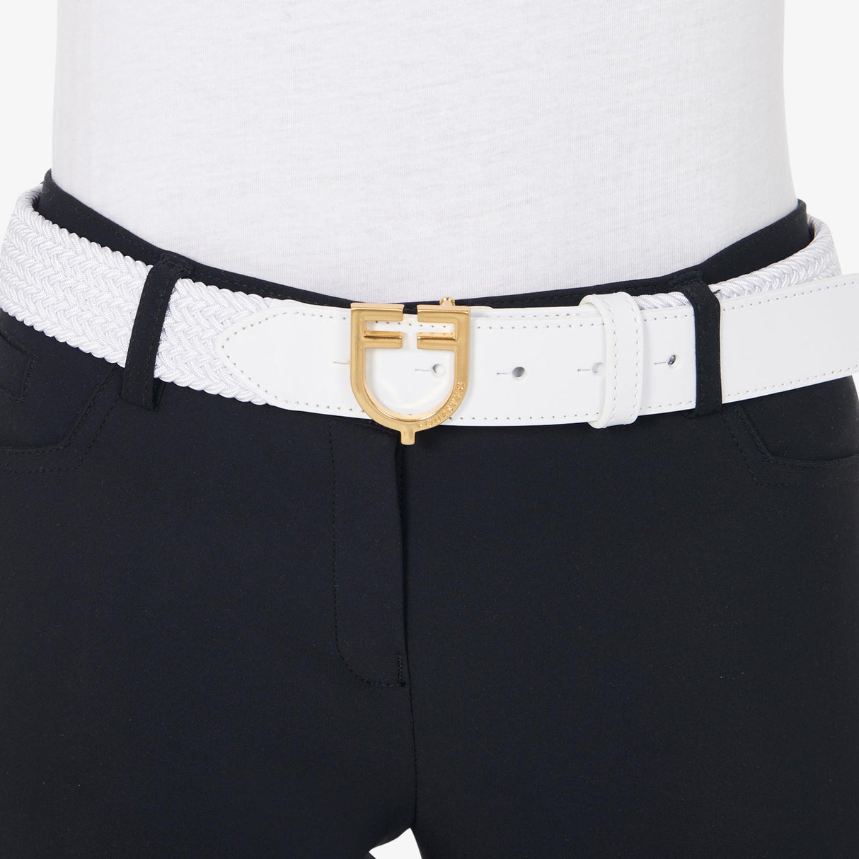Equestro Leather Elastic Belt With Logoed Buckle #colour_white-gold