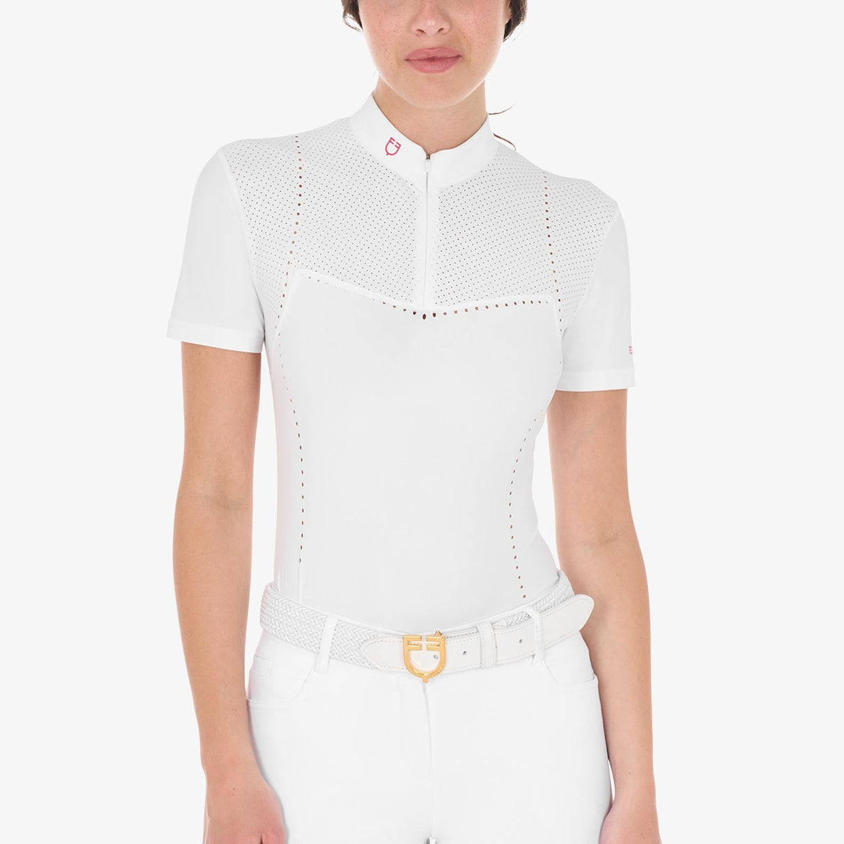 Equestro Women's Slim Fit Zipped Competition Polo Shirt In Perforated Fabric #colour_fucsia-white