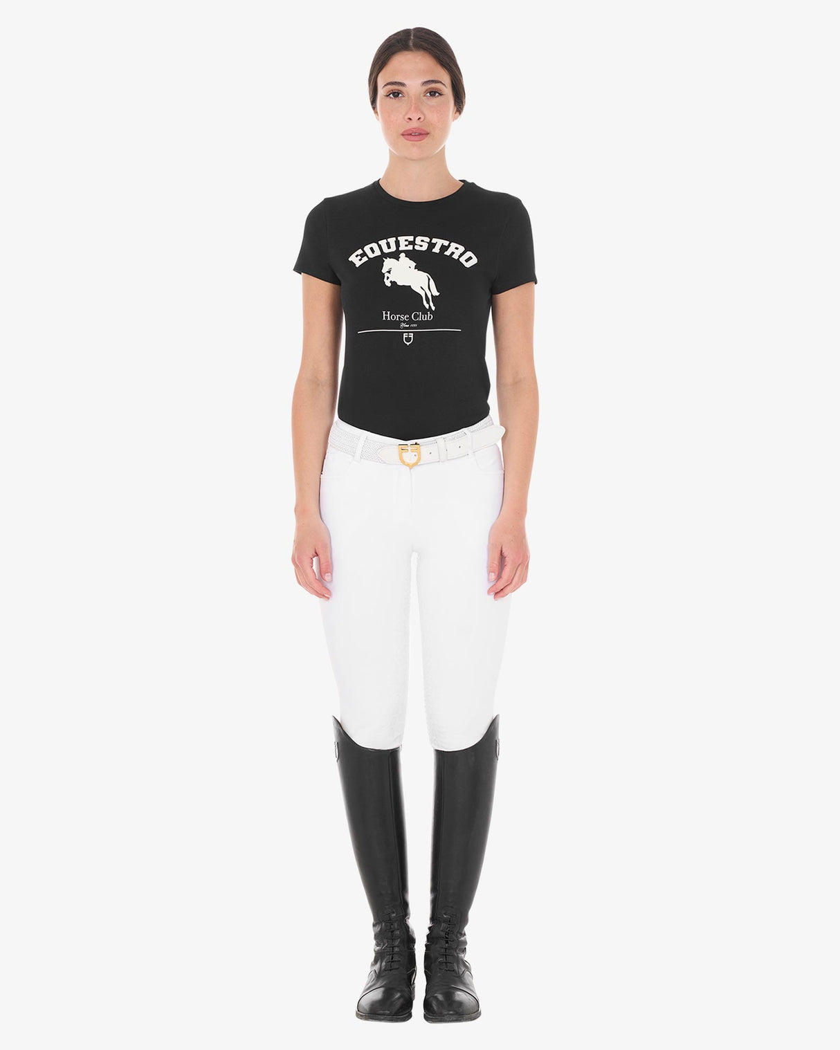 Equestro Women's Cotton Jumping Horse Club T-Shirt #colour_black