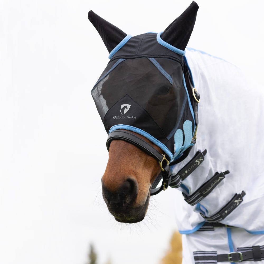 Hy Equestrian Mesh Half Mask with Ears #colour_black-light-blue