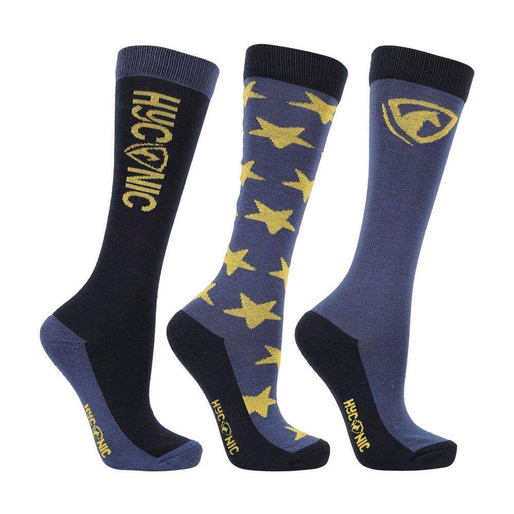 HyCONIC Pattern Socks by Hy Equestrian Pack of 3 #colour_navy-yellow