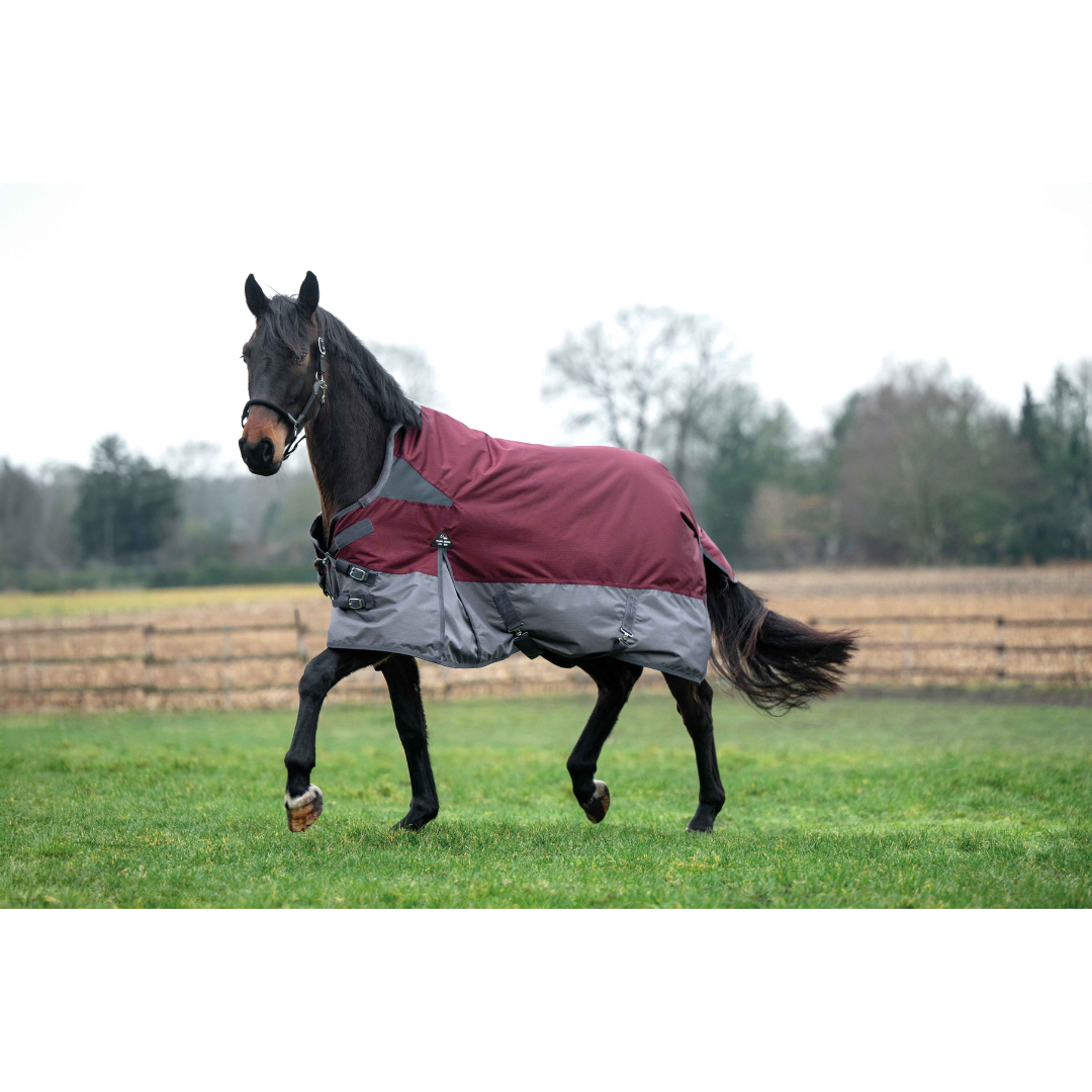 HKM 600D 100g High Neck Turnout Rug -Yukon- #colour_darkred-grey