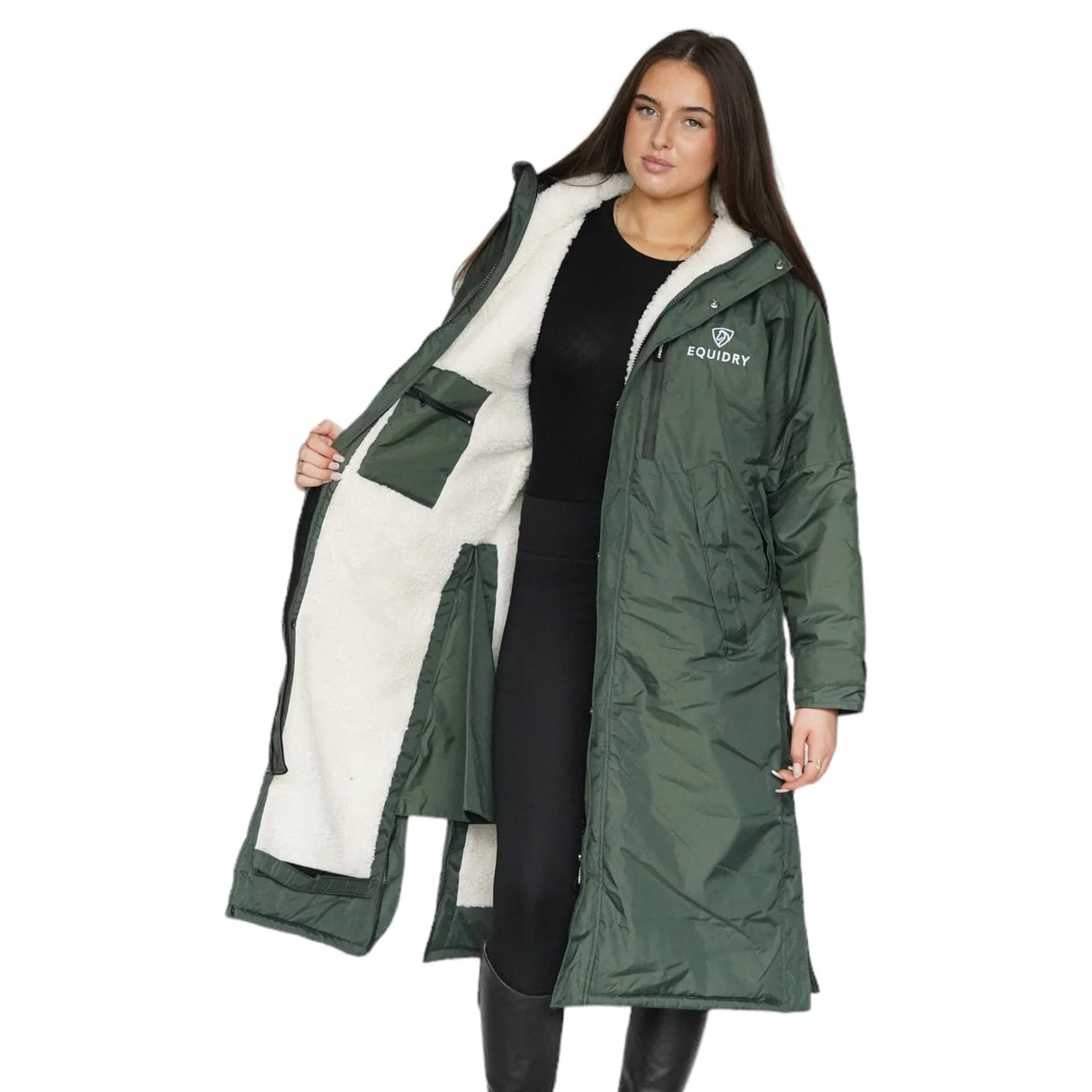 EQUIDRY Women's Thick Fleece Evolution Fixed Hood #colour_black-forest-green-cream