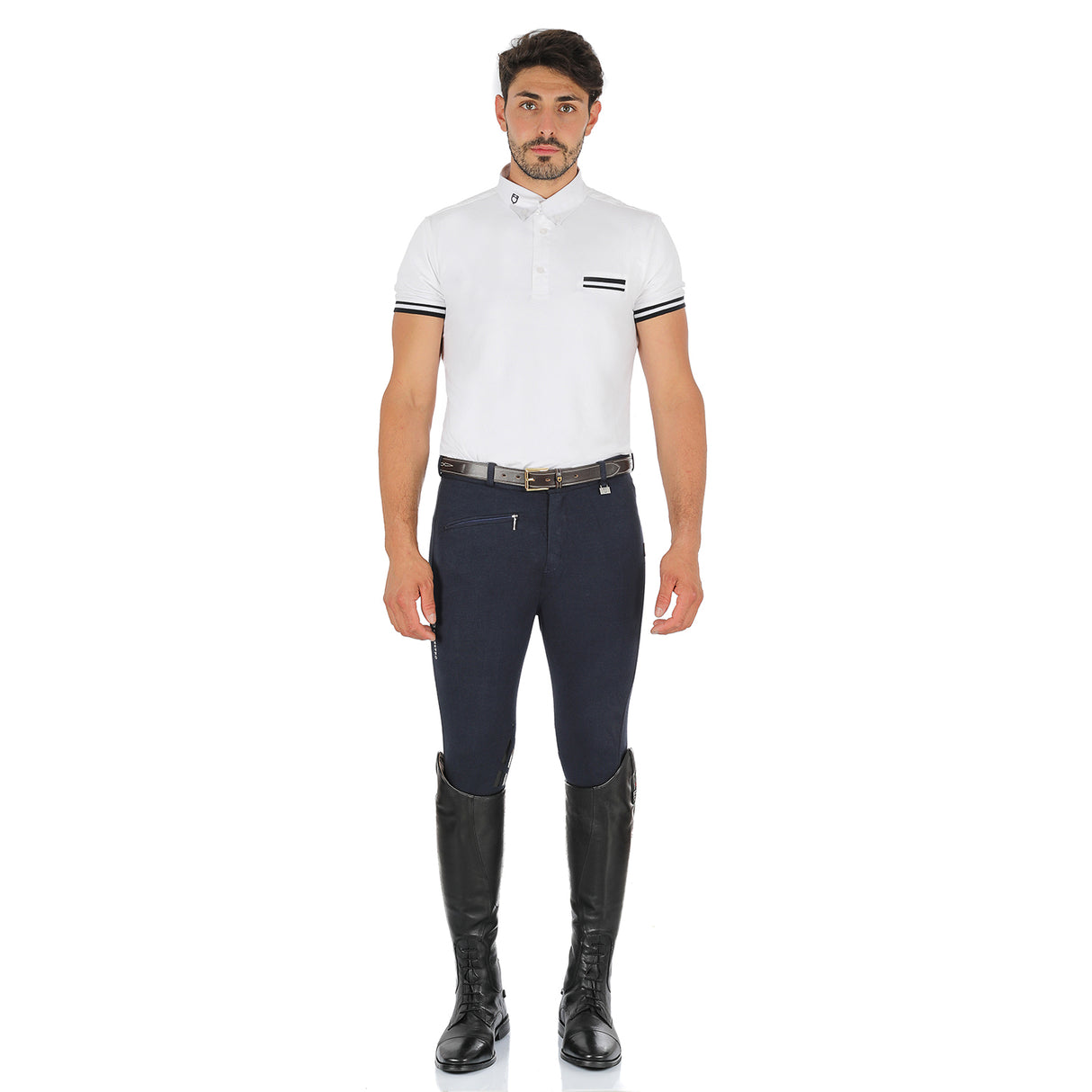 Equestro Zeus Men’s Stretch Cotton Breeches with Knee Grip #colour_blue