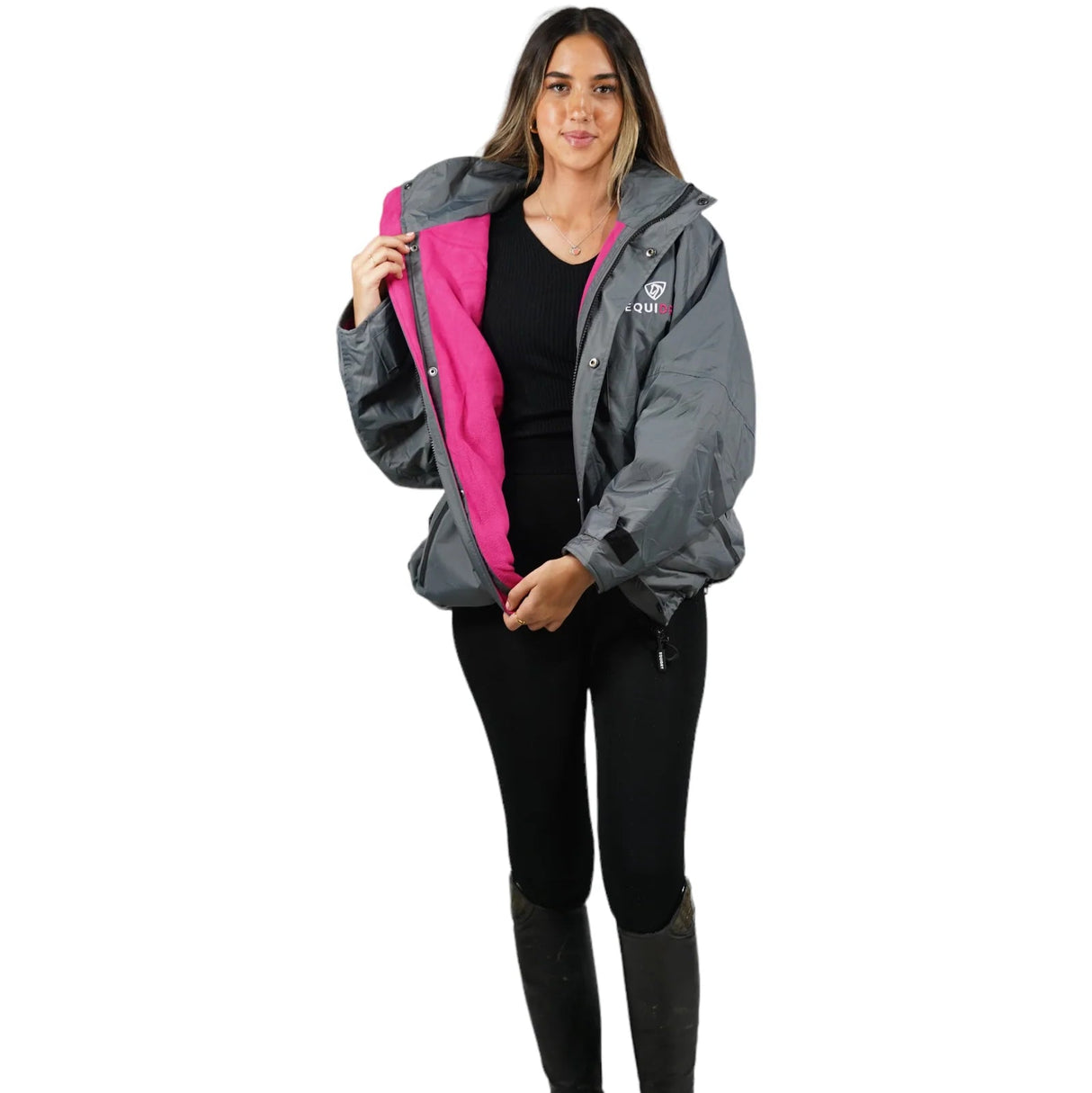 EQUIDRY Women's Thin Fleece Shortie #colour_grey-peacock-pink