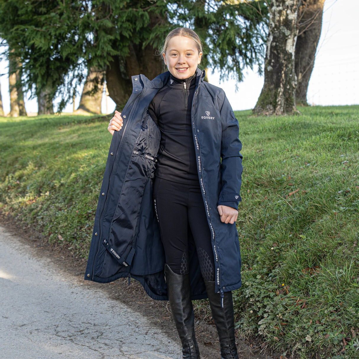 EQUIDRY Girl's Bronte Riding Coat with Removable Hood #colour_navy