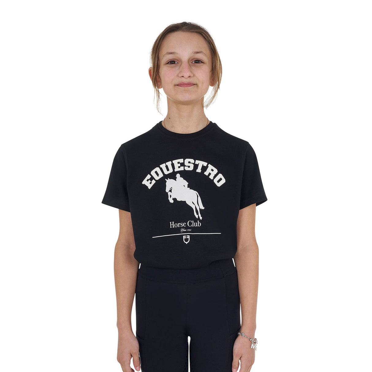 Equestro Girls' Jumping Horse Club Cotton T-Shirt #colour_black