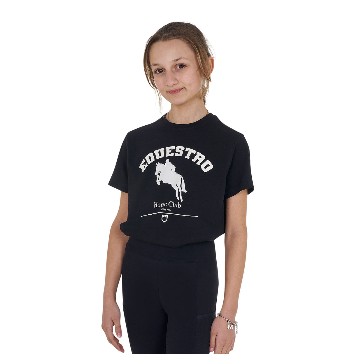 Equestro Girls' Jumping Horse Club Cotton T-Shirt #colour_black