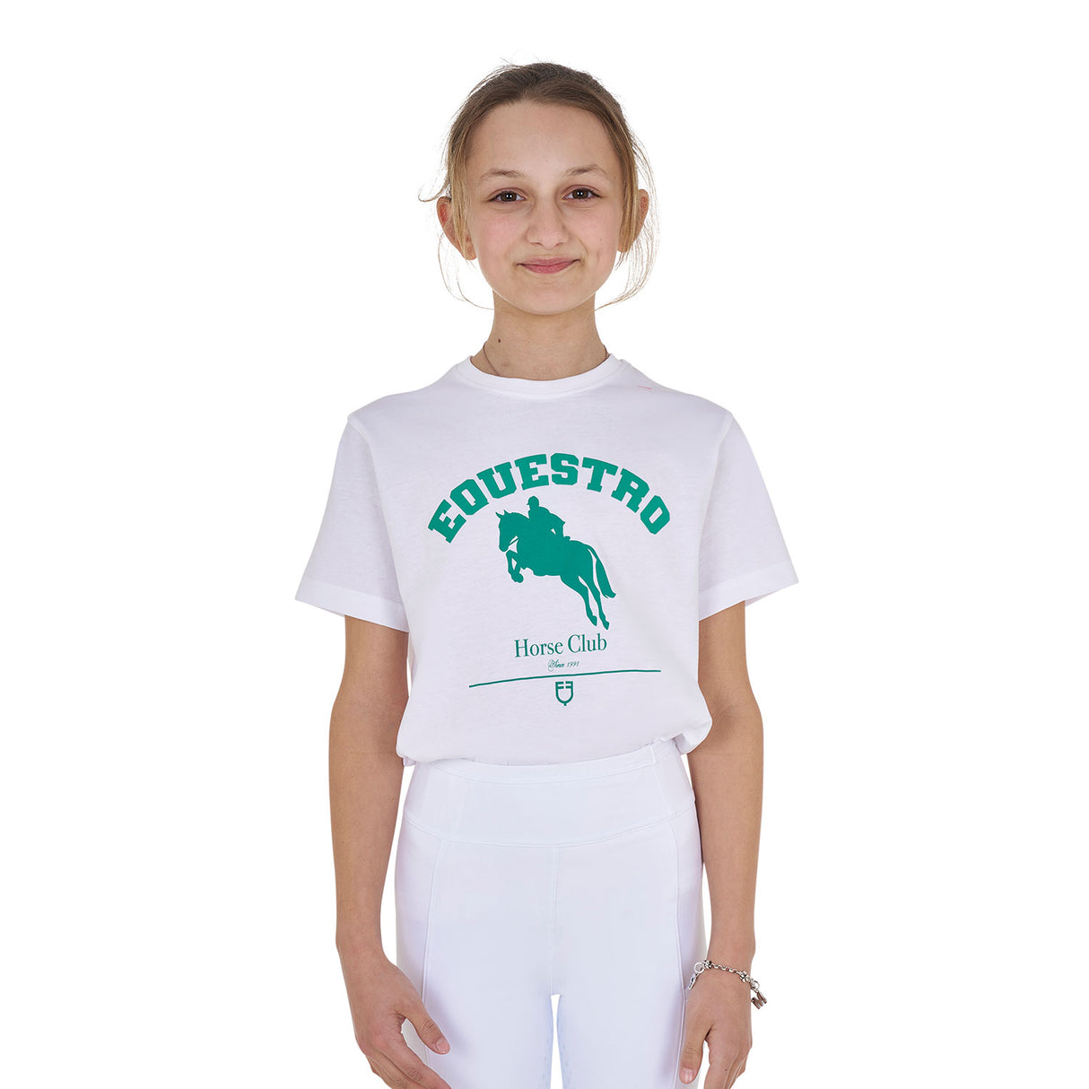 Equestro Girls' Jumping Horse Club Cotton T-Shirt #colour_white