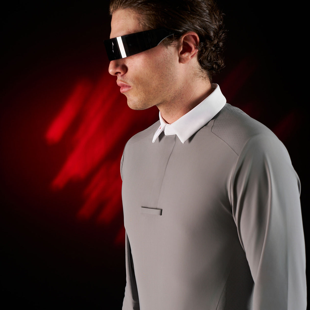 Equestro Equestro Ridertechnology Men's Competition Polo Shirt Long Sleeves And Buttons #colour_grey