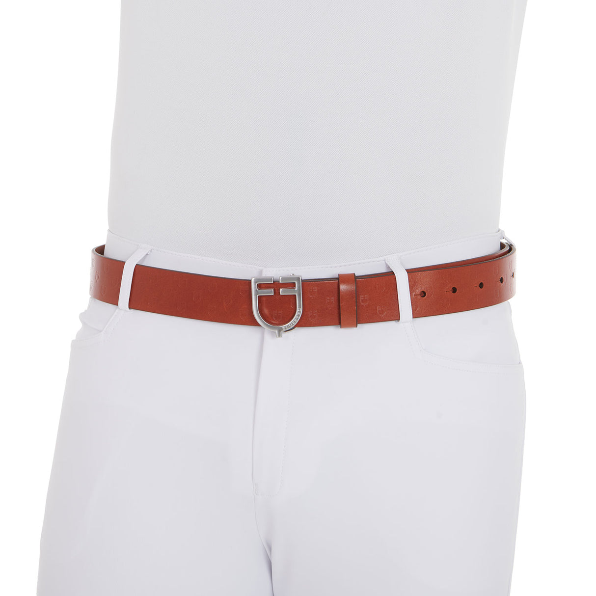 Equestro Leather Logo Belt With Logoed Buckle #colour_silver-cognac