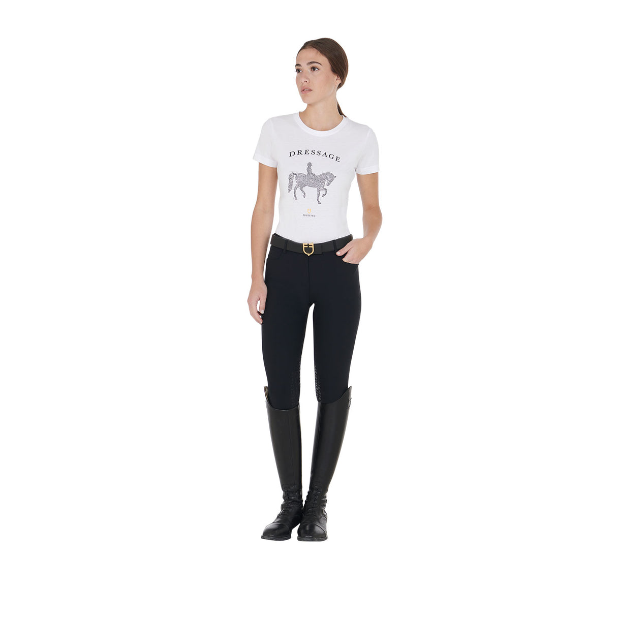 Equestro Women's Slim Fit T-Shirt Dressage With Rhinestone #colour_white
