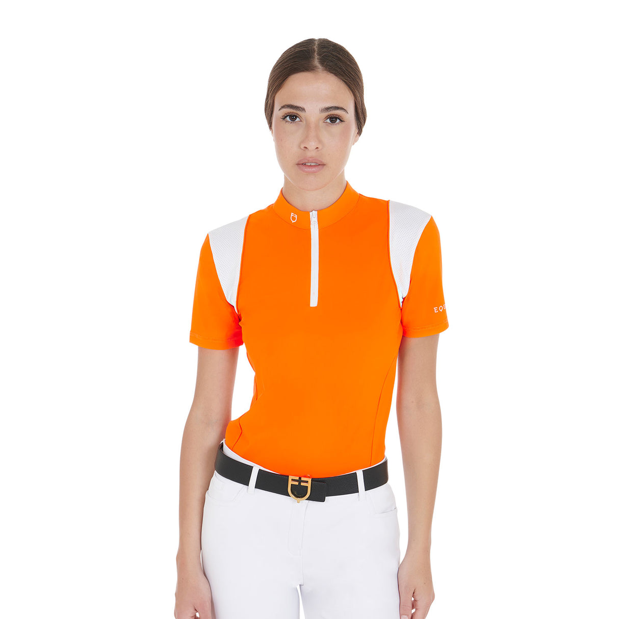 Equestro Women's Slim Fit Training Polo Shirt with Mesh Inserts #colour_orange