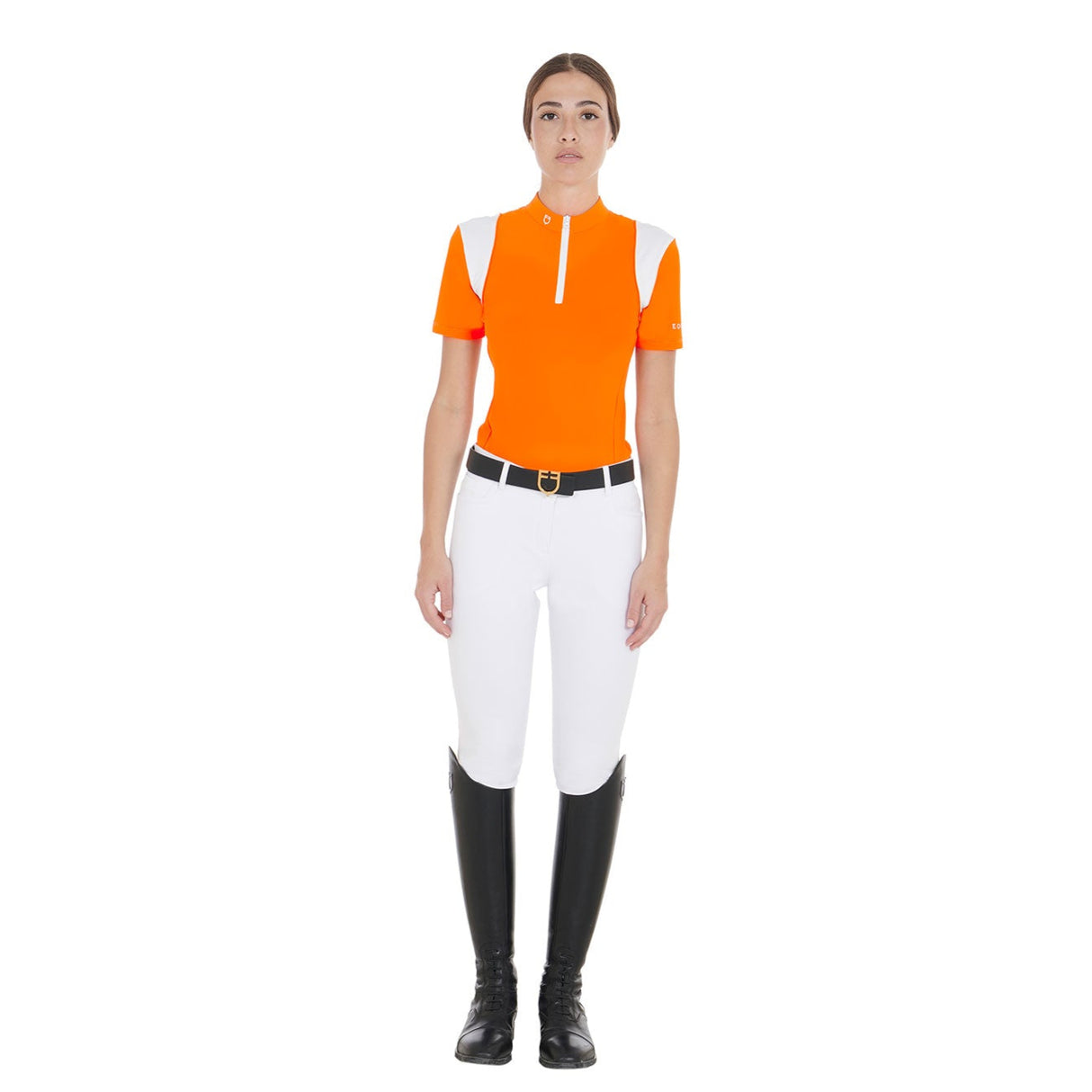 Equestro Women's Slim Fit Training Polo Shirt with Mesh Inserts #colour_orange