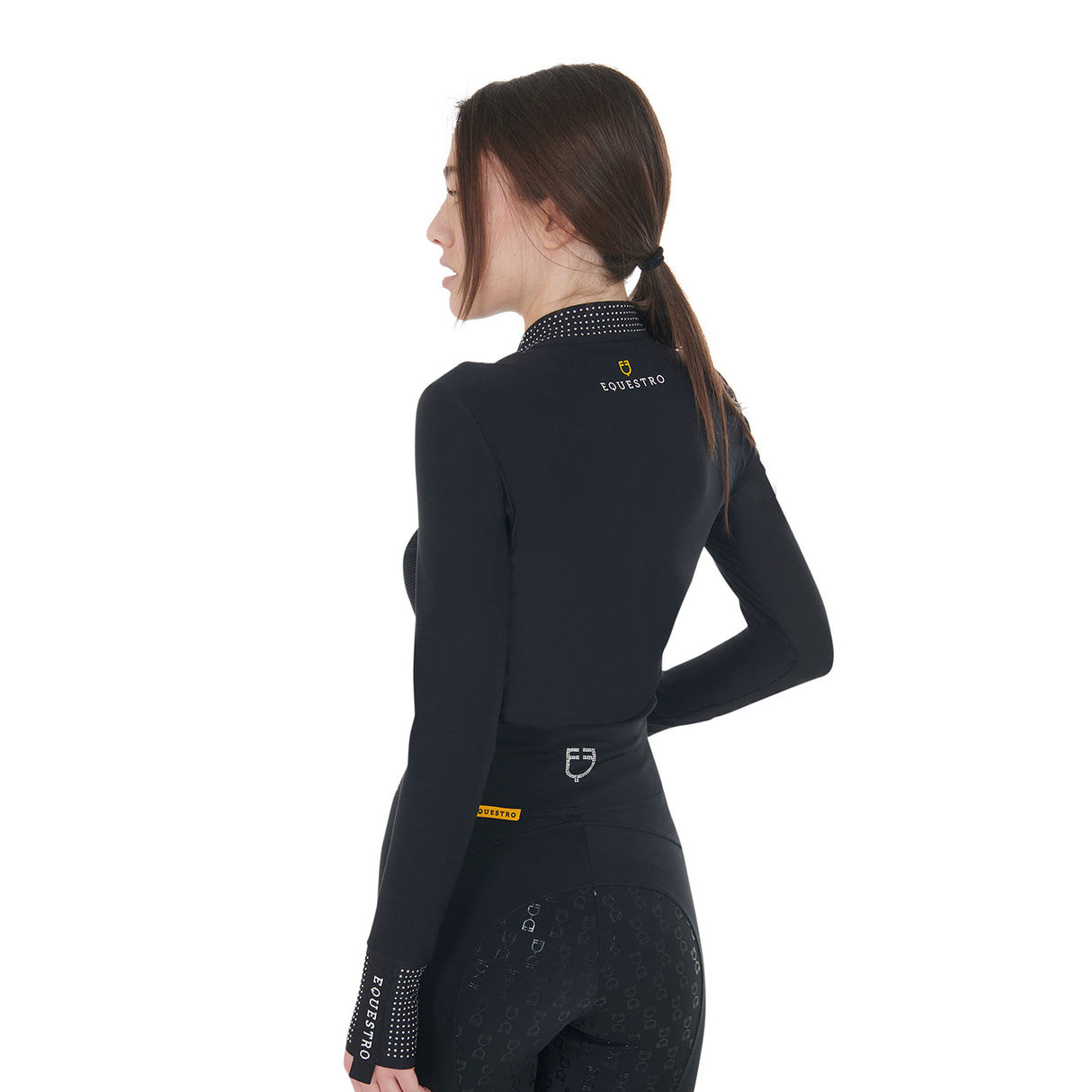 Equestro Women's Technical Training Polo Shirt with Rhinestone Details #colour_black