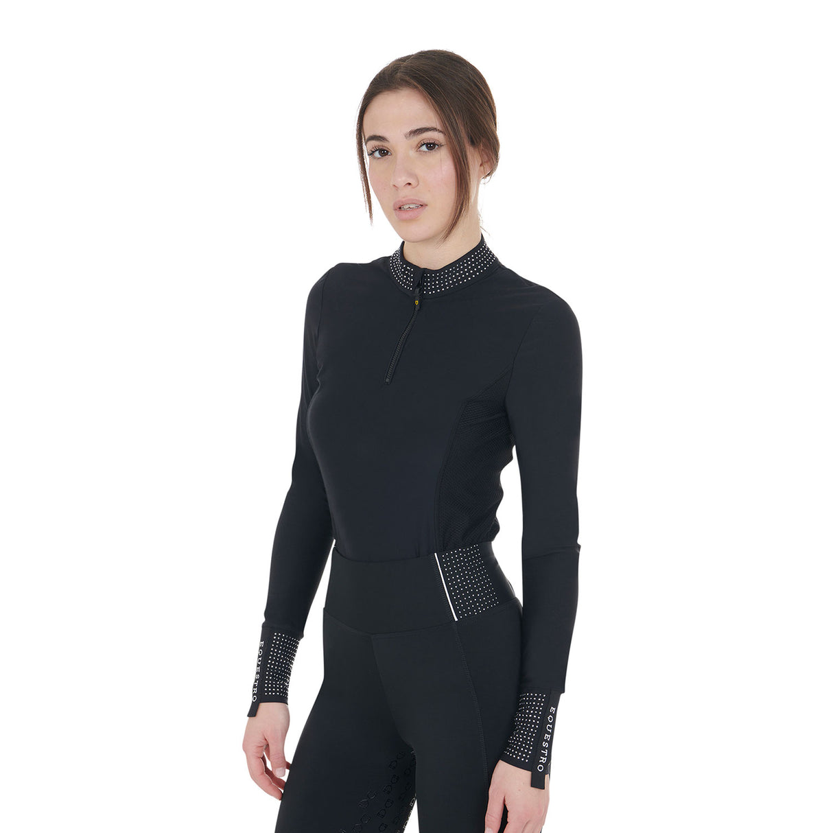 Equestro Women's Technical Training Polo Shirt with Rhinestone Details #colour_black