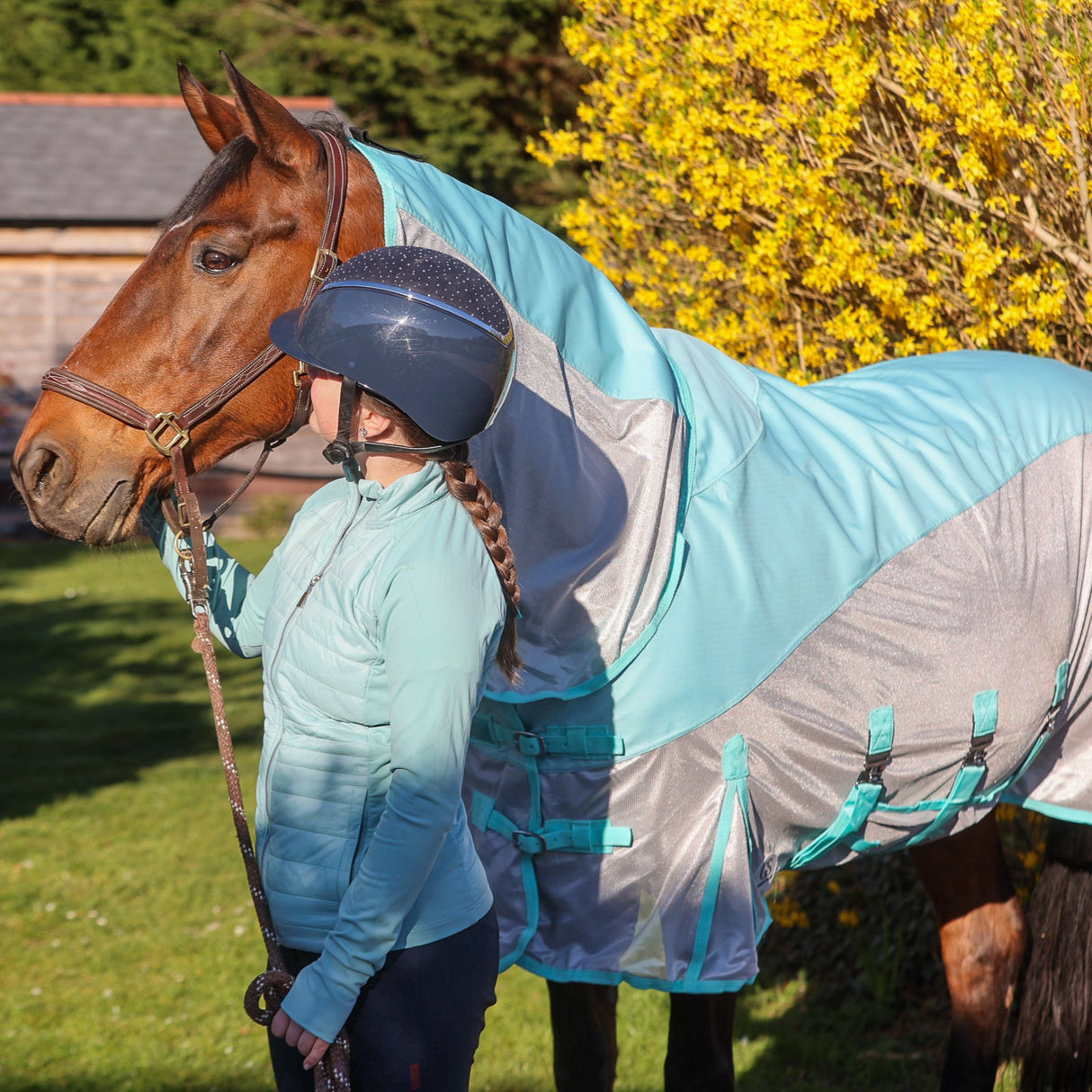 GS Equestrian Hybrid Fly Rug #colour_silver/aqua