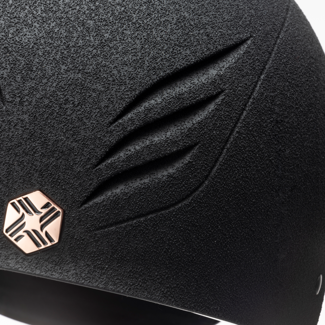 Charles Owen EQx Phoenix with MIPS Jockey Skull Helmet #colour_black-rose-gold