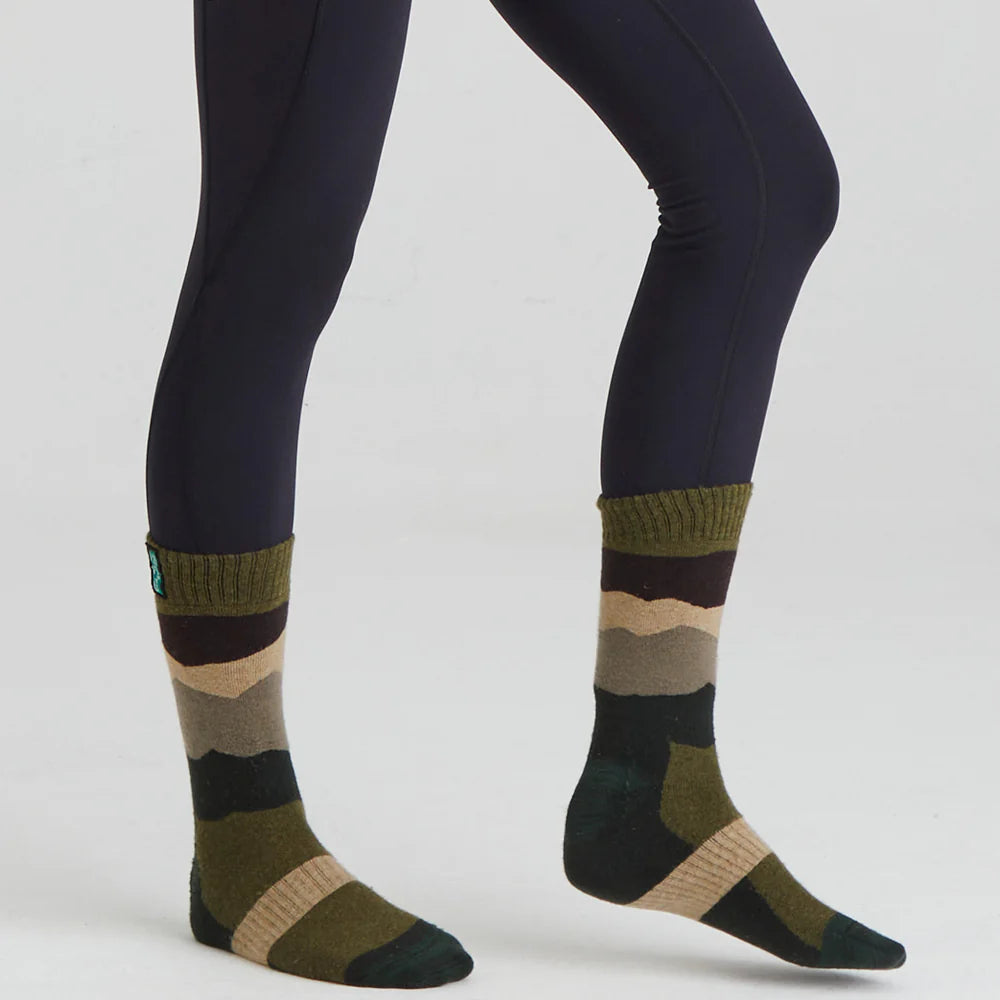 Ridgeline Merino Mid Length Wool Socks #colour_olive-stripes