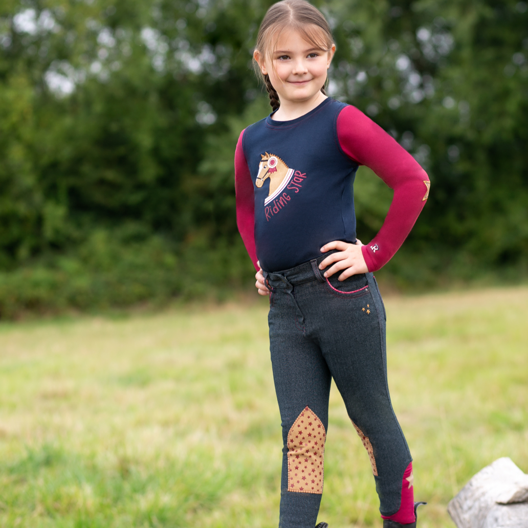 Little Rider Riding Star Denim Jodhpurs #colour_navy-burgundy