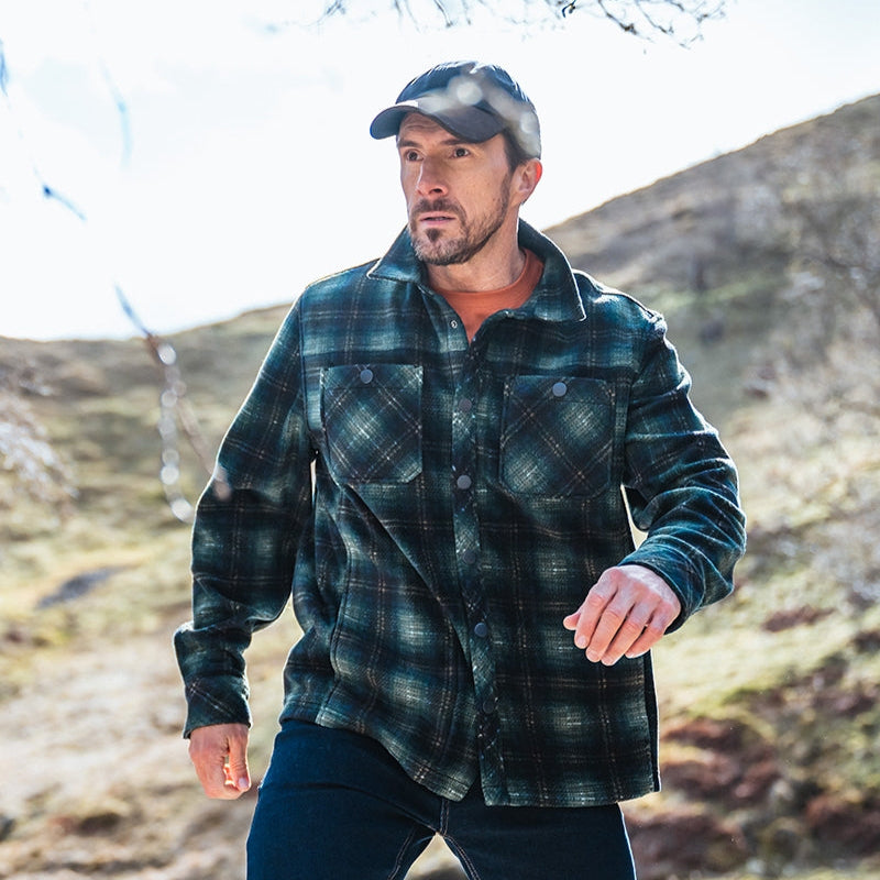 Hoggs of Fife Broxburn Fleece Shacket #colour_navy-green-gold