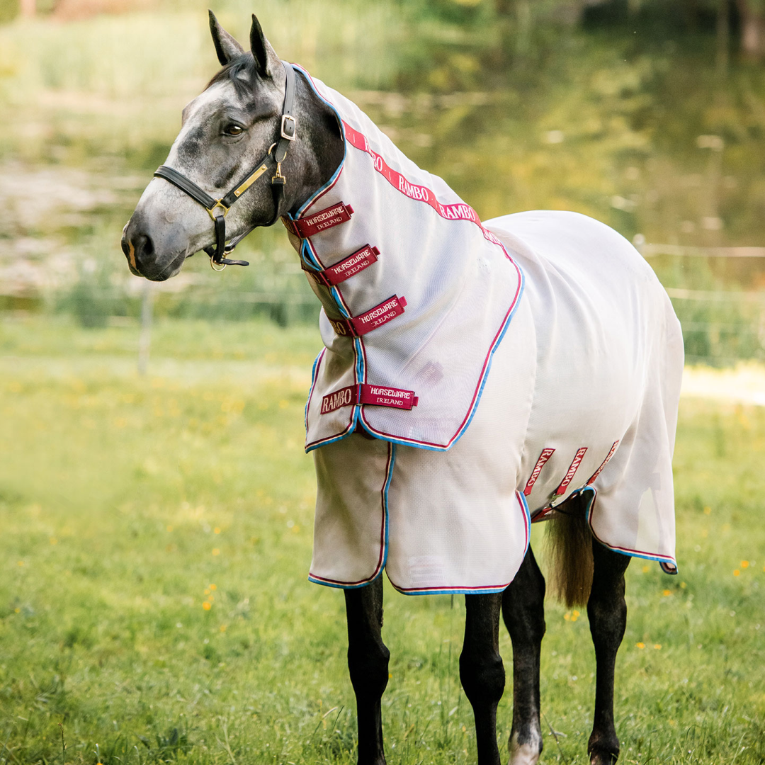 Horseware Ireland Rambo Protector Disk Front Rug #colour_oatmeal-cherry-peach-blue