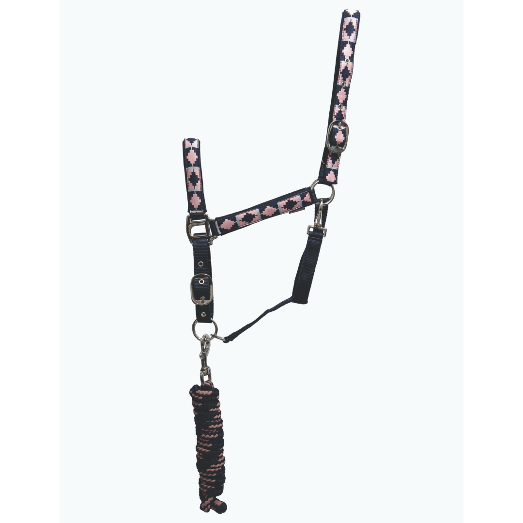 Hy Equestrian Woven Polo Head Collar and Lead Rope #colour_navy-rose