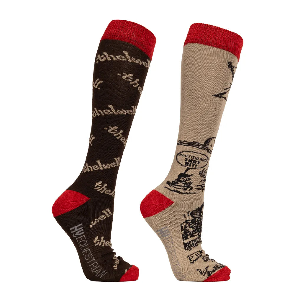 Hy Equestrian Thelwell Collection Comic Chaos Socks Pack of 2 [Taupe/Red] [Adult 4-8]