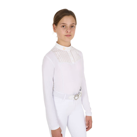 Equestro Girls' Slim Fit Competiton Polo Shirt Rhinestones #colour_white